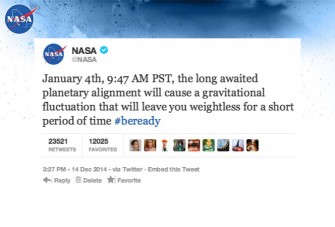 Planetary Alignment On Jan 4, 2015 Will Decrease Gravity For 5 Minutes Causing Partial Weightlessness